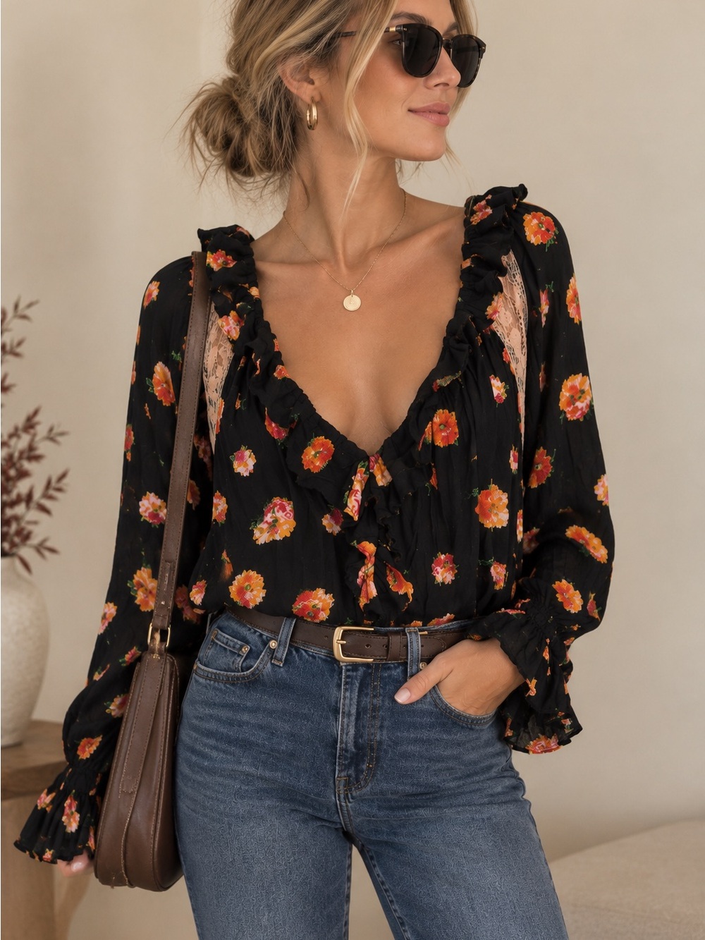 Free People Intimately Black Floral Ruffle Lace Boho Long Sleeve Bodysuit XS